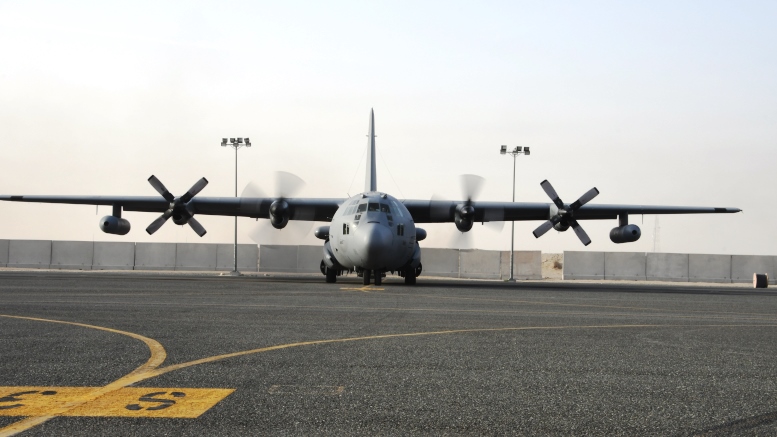 An EC-130H Compass Call taxis Dec. 5, 2016 at an undisclosed location in Southwest Asia. The Compass Call employs a crew of roughly a dozen Airmen working together to jam Da’esh communications. (U.S. Air Force photo/Senior Airman Andrew Park)