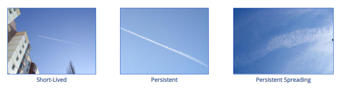 Contrail types, short-lived, persistent and persistent spreading.