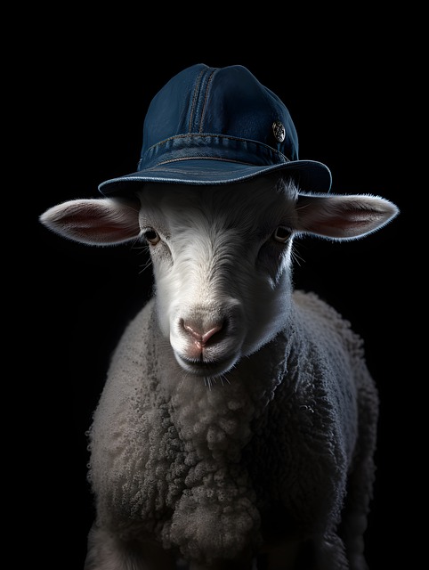 An AI drawing of a photorealistic sheep wearing a dark blue hat