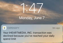 Screenshot of a mobile phone showing a push notification for a declined transaction at the top
