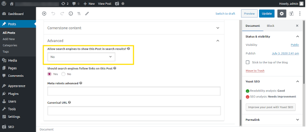 Screenshot of disallowing search engines to find a post in WordPress
