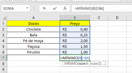 Funções Excel =MÍNIMO Exemplo