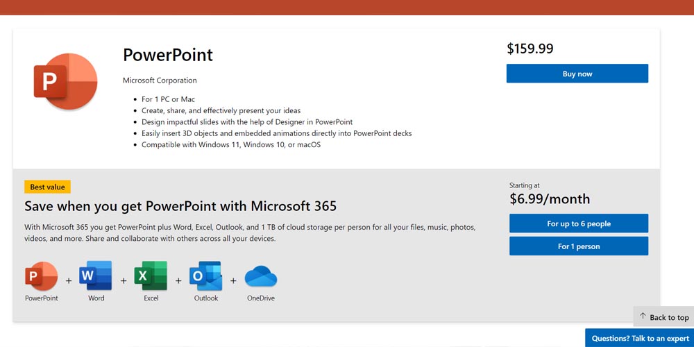 PowerPoint price on the Microsoft Store