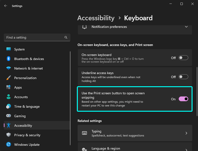 How to enable the Print Screen key to open up the Snip & Sketch tool in  Windows 11 - Micro Center