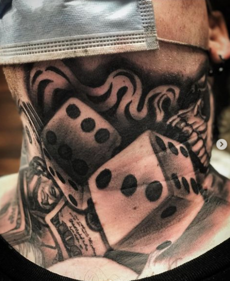 Dice With Money Tattoo On Neck