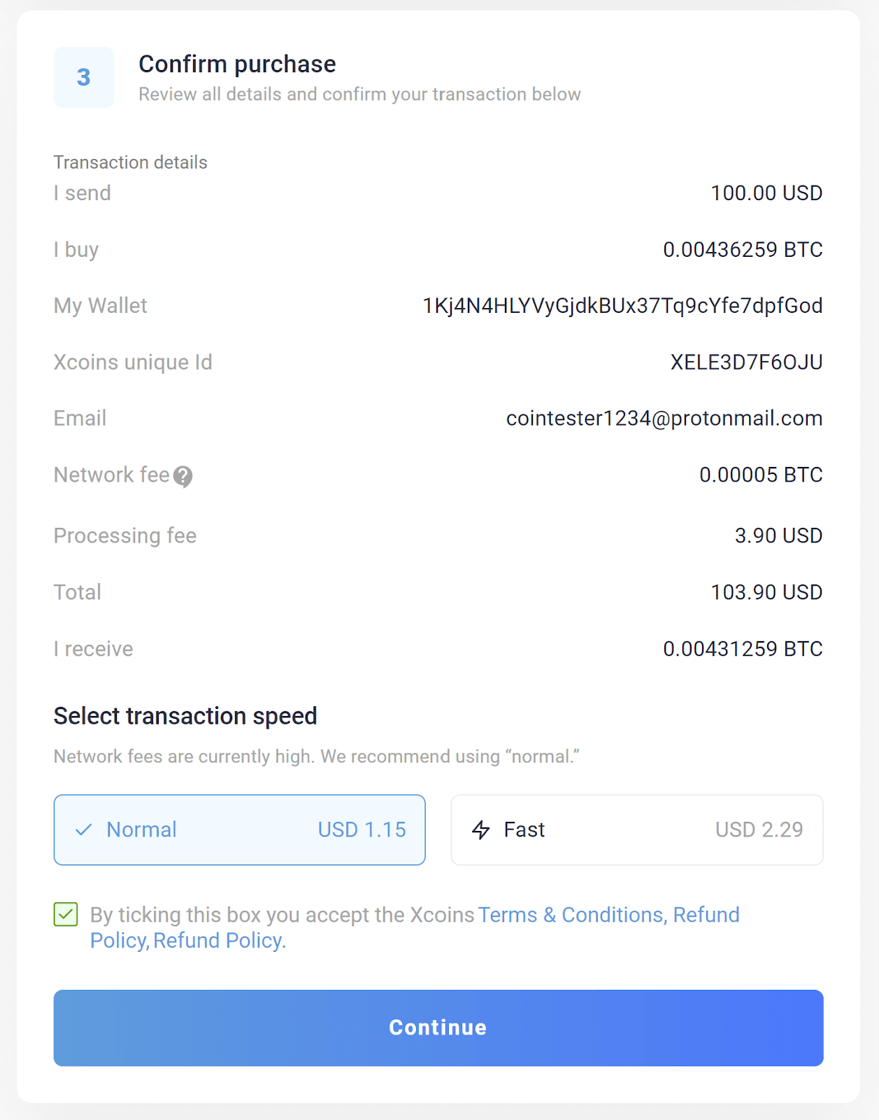 Screenshot of Xcoins payment confirmation for USD to BTC