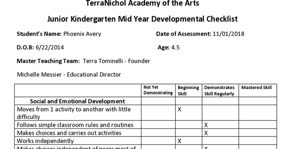 Phoenix Avery Junior Kindergarten 2018 Mid Year Developmental Checklist