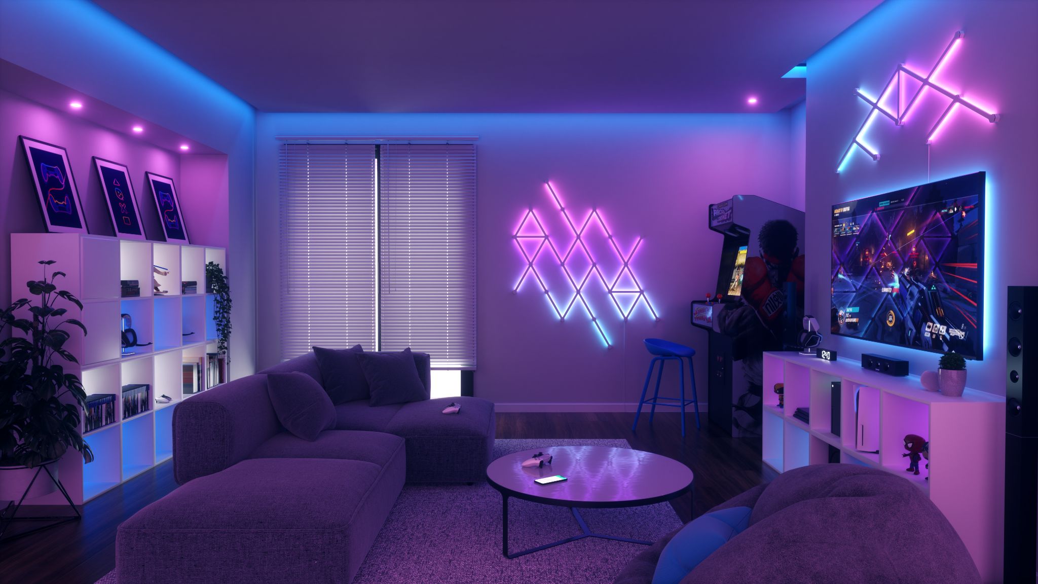 RGB light lines layout mounted onto two separate walls in a gaming room.