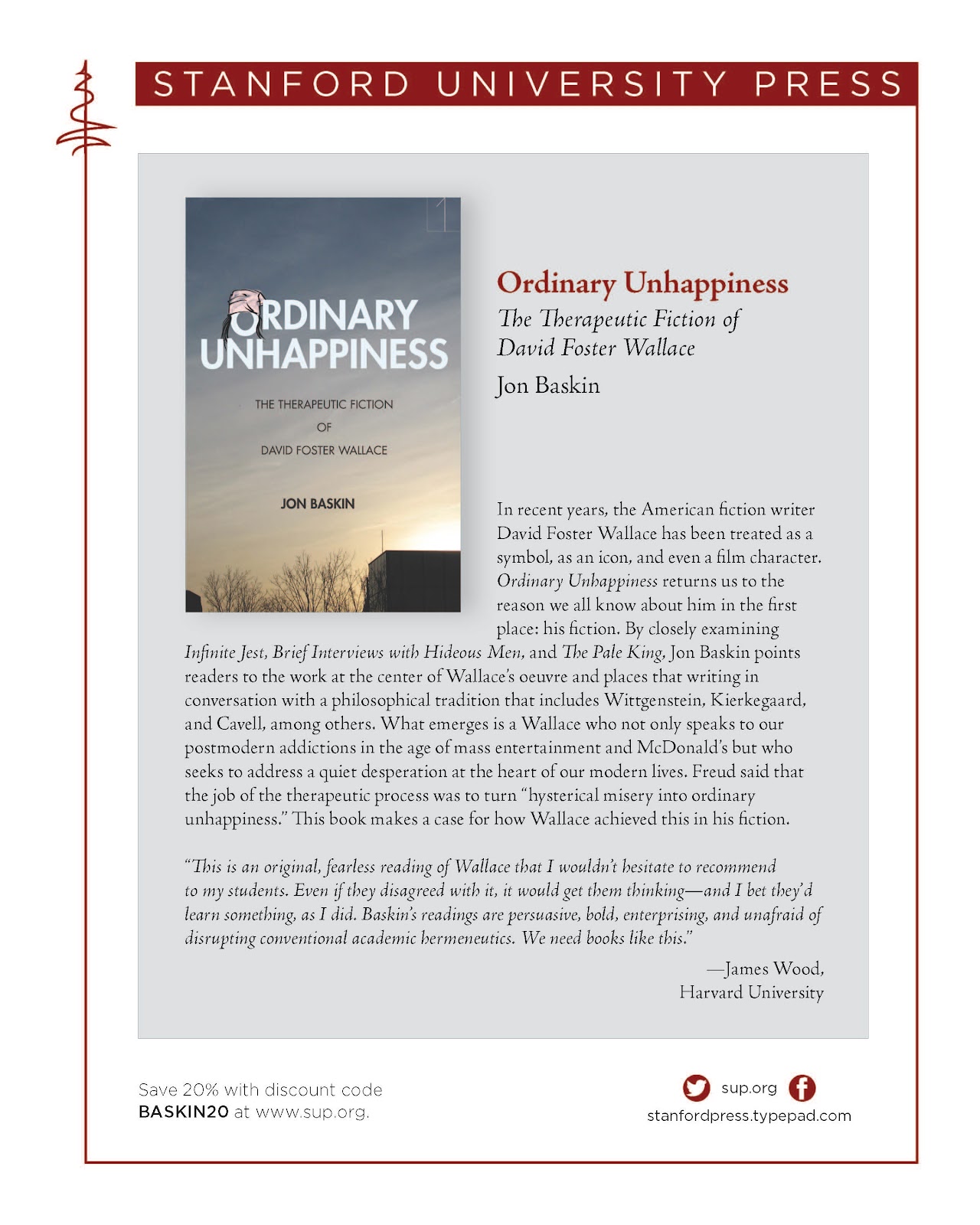 Link to Page on Stanford University Press: https://www.sup.org/books/title/?id=29316

In recent years, the American fiction writer David Foster Wallace has been treated as a symbol, as an icon, and even a film character. Ordinary Unhappiness returns us to the reason we all know about him in the first place: his fiction. By closely examining Infinite Jest, Brief Interviews with Hideous Men, and The Pale King, Jon Baskin points readers to the work at the center of Wallace's oeuvre and places that writing in conversation with a philosophical tradition that includes Wittgenstein, Kierkegaard, and Cavell, among others. What emerges is a Wallace who not only speaks to our postmodern addictions in the age of mass entertainment and McDonald's but who seeks to address a quiet desperation at the heart of our modern lives. Freud said that the job of the therapeutic process was to turn "hysterical misery into ordinary unhappiness." This book makes a case for how Wallace achieved this in his fiction.

About the author

Jon Baskin is the Associate Director of the Creative Publishing and Critical Journalism program at the New School for Social Research and a founding editor of The Point.