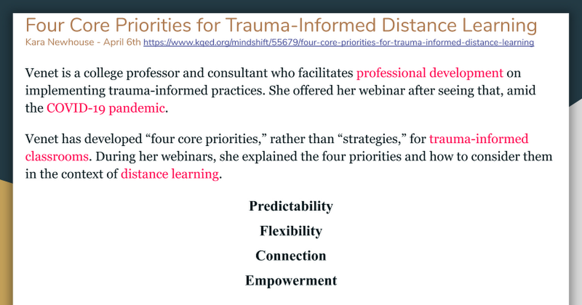 Four Core Priorities for Trauma-Informed Distance Learning 