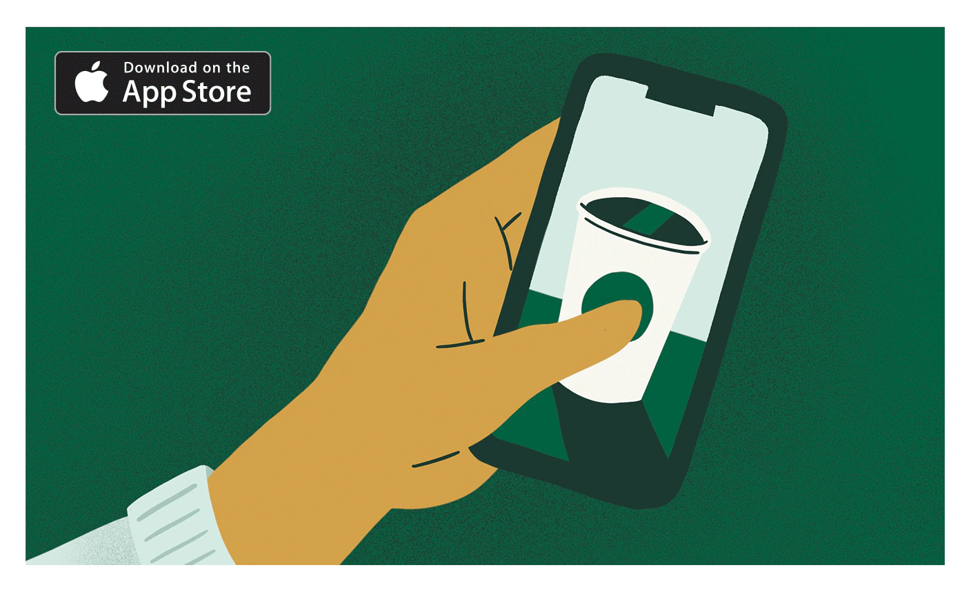 Starbucks app featuring an animated hand holding a phone with an animated Starbucks cup on the screen in front of a green background.