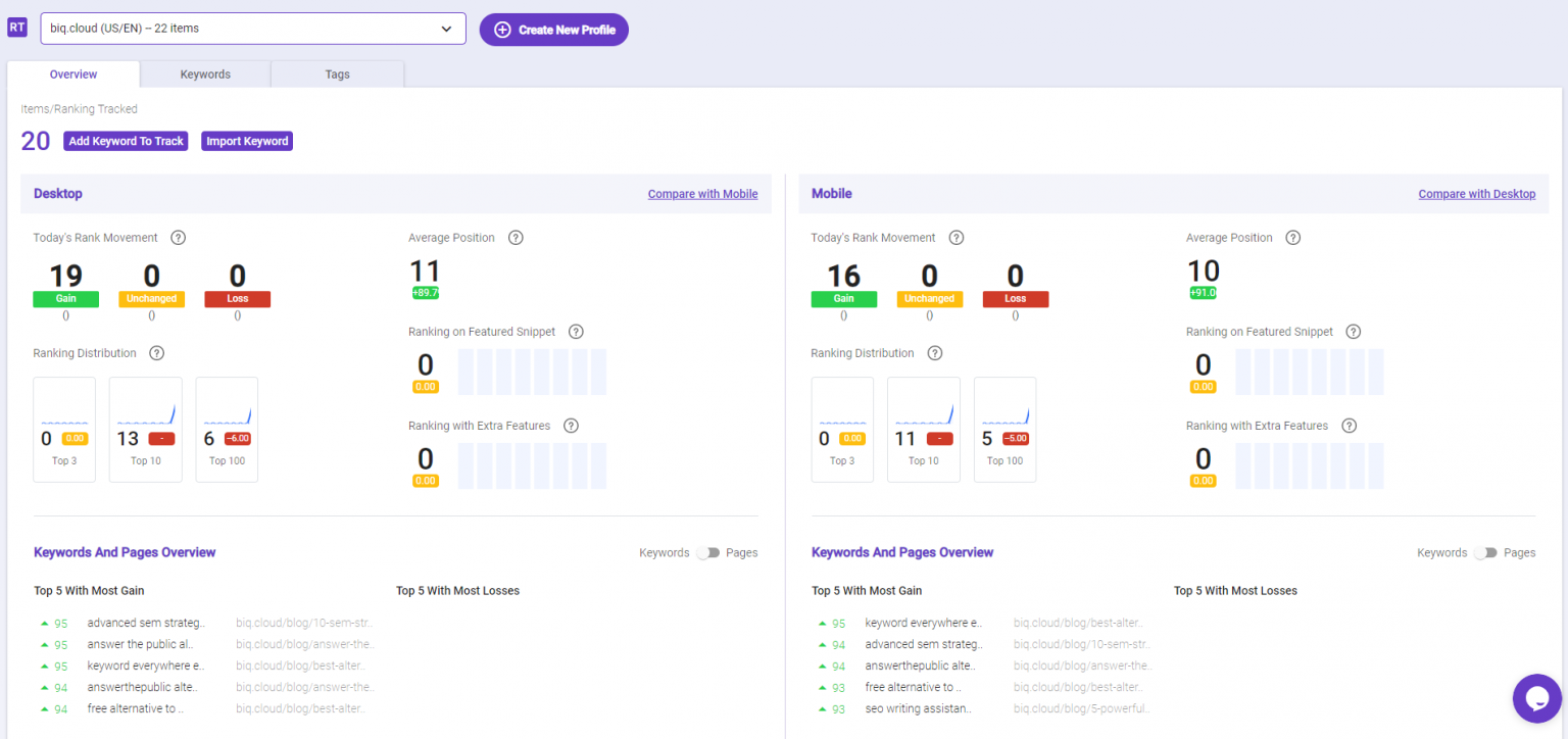 BiQ - rank tracking tool's features