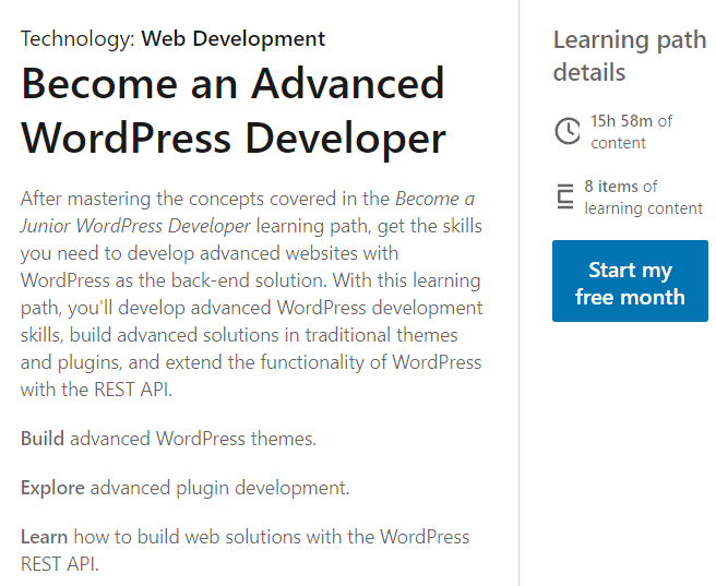 WordPress Developer course information screenshot
