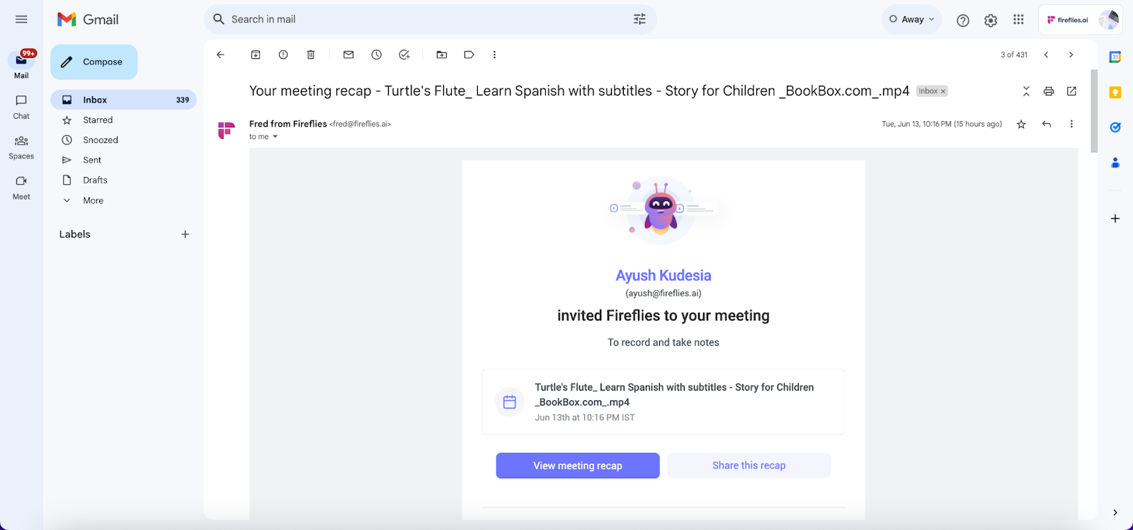Transcribe Spanish audio to text - Fireflies notification email