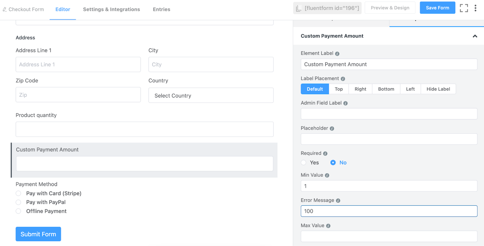 Fluent Forms' custom payment amount field, editor