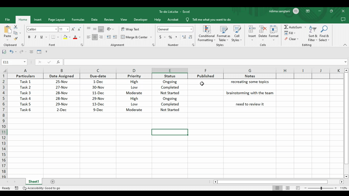 how to create an excel task list