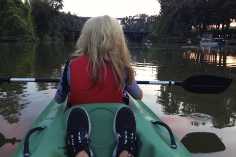 Kayaking one of the three rivers in downtown Fort Wayne.