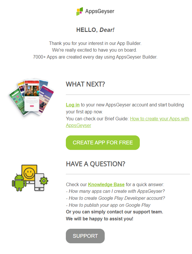 Appsgeyser welcome email