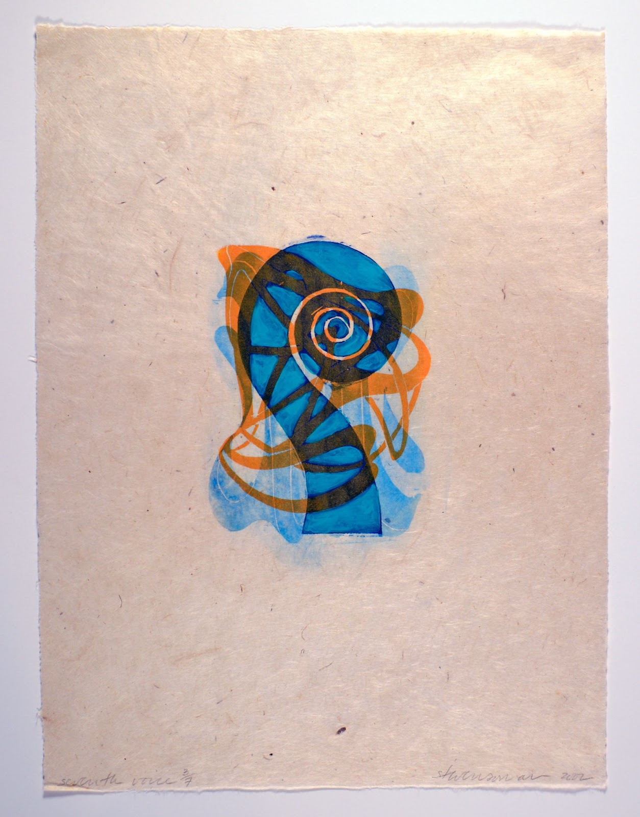 An abstract print with waves and swirl patterns in blue and orange. 