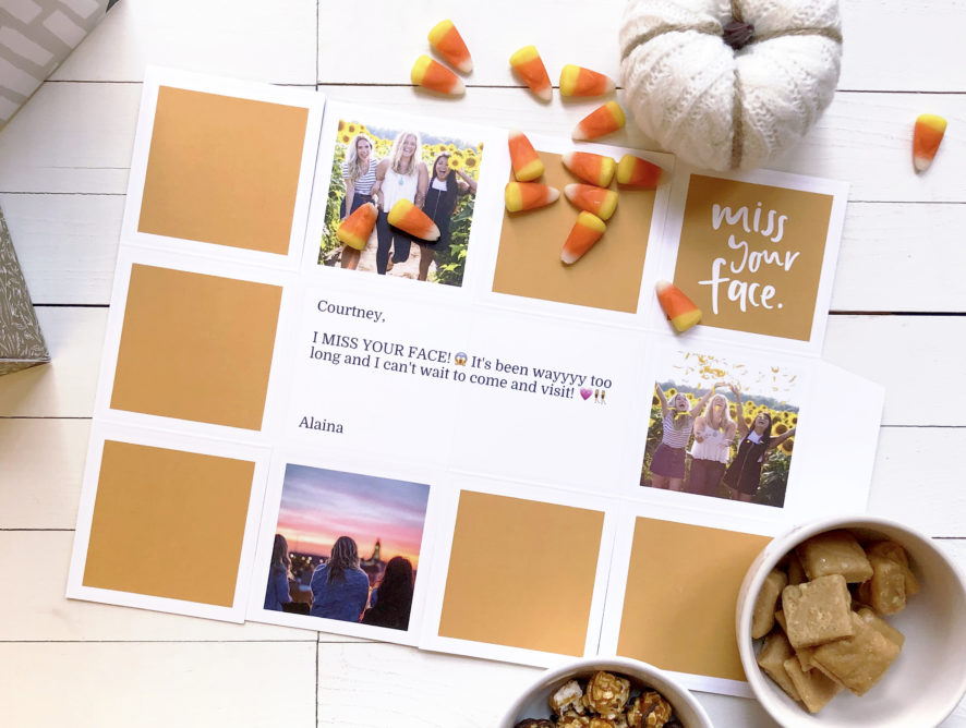 Fall themed Greetabl gift opened, featuring "I Miss Your Face" design.