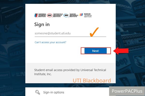 Provide your email address at someone@student.uti.edu, then Click the "Next" button 