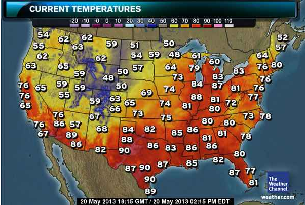 The geographical graph is a picture of the United States and have a bunch of numbers around it which represent the temperatures. The colors around the map designate where in the United States its hotter and cooler. Red temperatures would represent very hot, orange would represent average temperature, and yellow would represent the cooler temperatures.