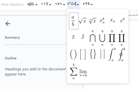 equation tab> fraction icon on google docs