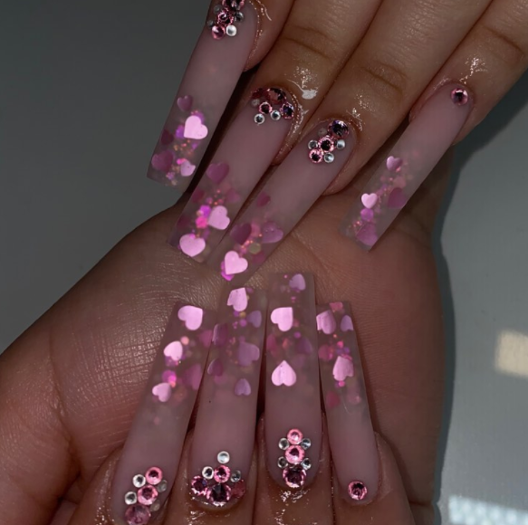Pink Flowered with Glittered Birthday Nails