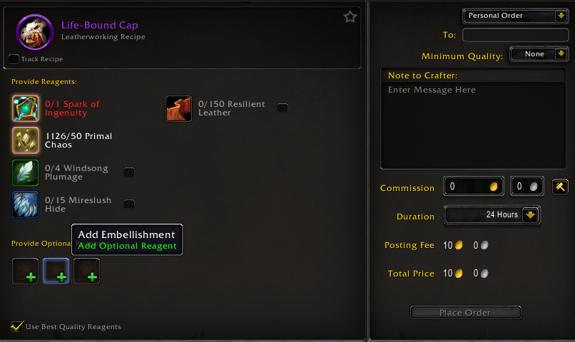 Screenshot of a work order for a Life-Bound Cap with "Add Embellishment" option highlighted in WoW