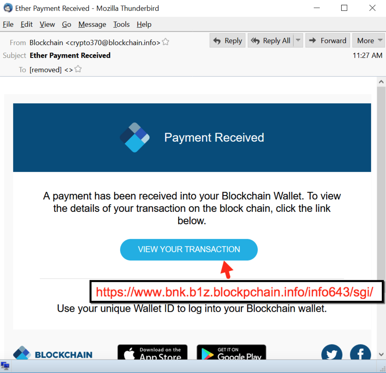 Bitcoin phishing scam example.