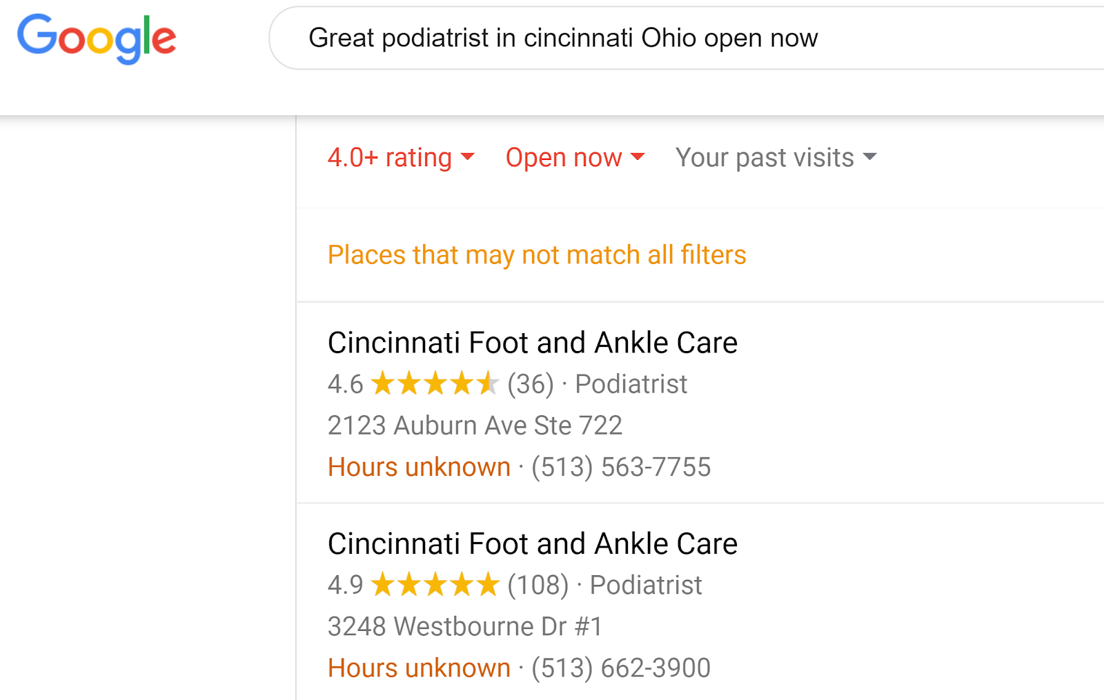 The image shows the results of a Google Search, made in California for a podiatrist in Ohio "open now." All the results feature CFAC, Cincinnati Foot and Ankle Care. However, there is an additional message indicating their hours are unknown. This highlights the need for any medical or dental practice to keep their Google My Business listing up to date.