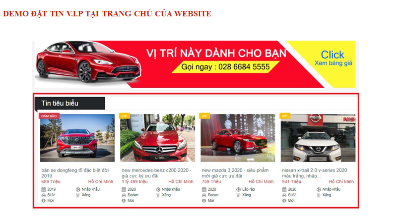 Vị trí hiển thị tin V.I.P tại trang chủ Tin Bán Xe