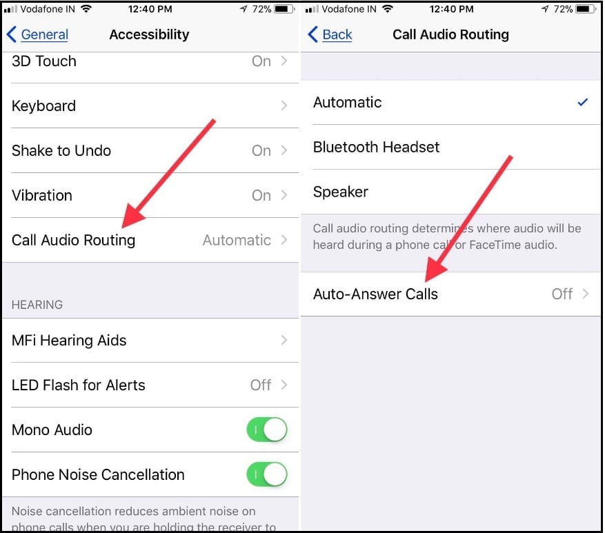 Tap Call Audio Routing then tap Auto-Answer Calls in iOS 11 iPhone