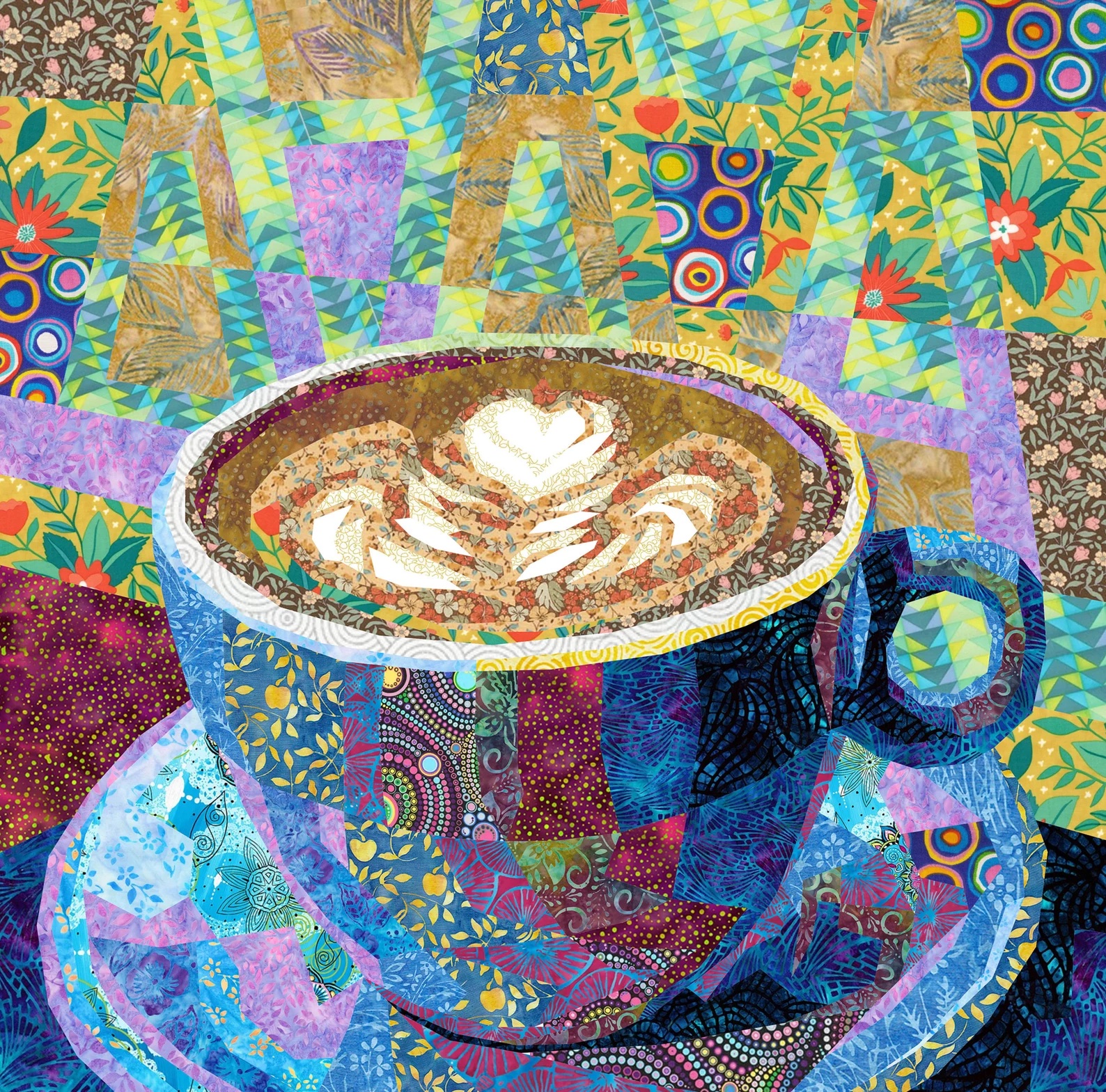 blue cup of coffee collage quilt patterns