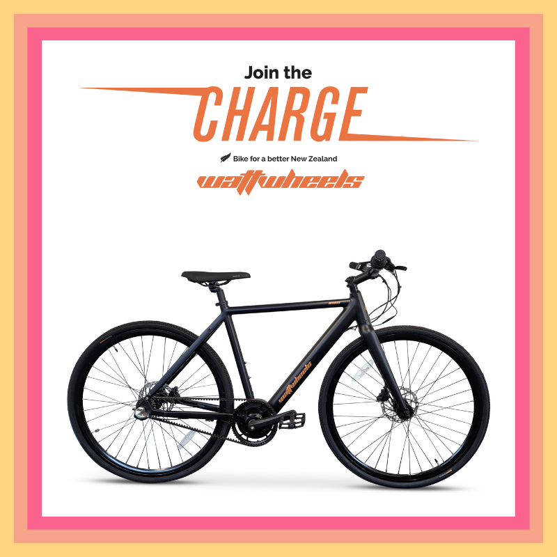 Square asset with pink border, with an image of a Wattwheels Omnia bike in the middle. 