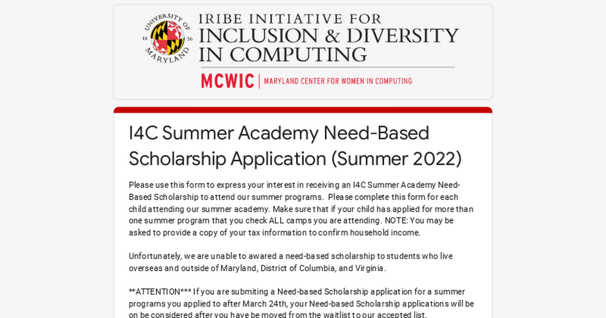 I4C Summer Academy Need-Based Scholarship Application (Summer 2022)