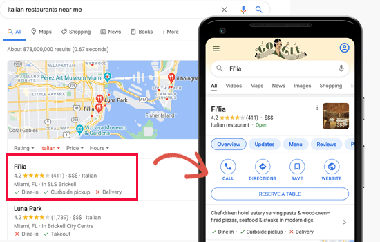 Exemplo de resultado de pesquisa de SEO local