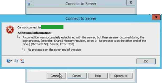 fix “Microsoft SQL Server Error 233- Login failed for user”

