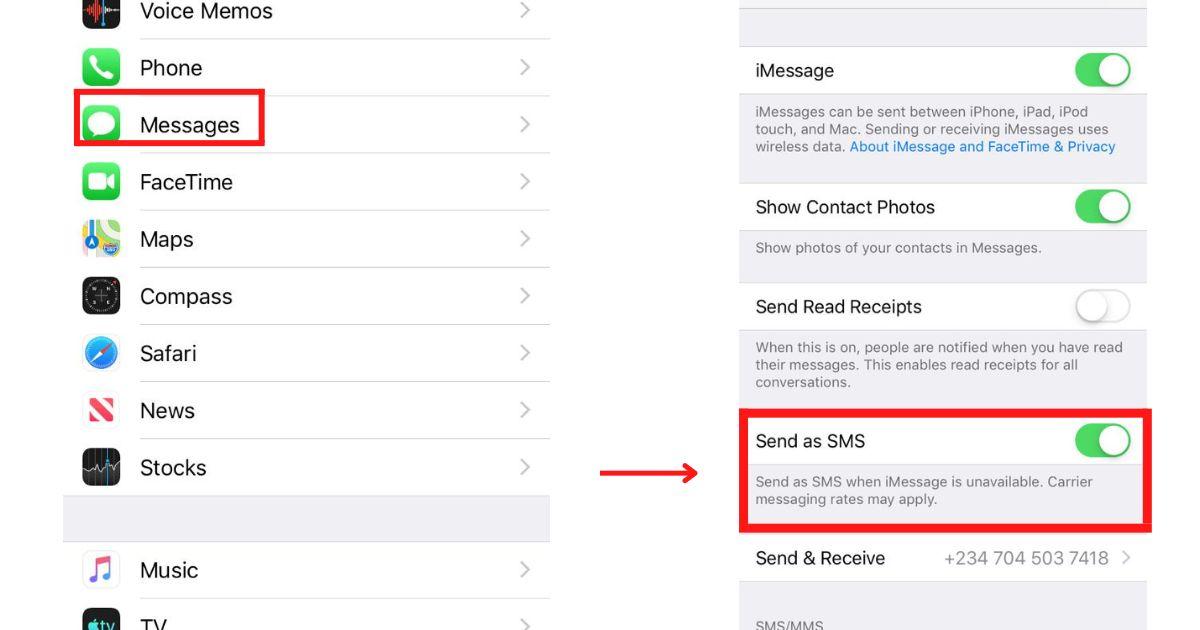 Enabling send as sms from Message settings on iPhone