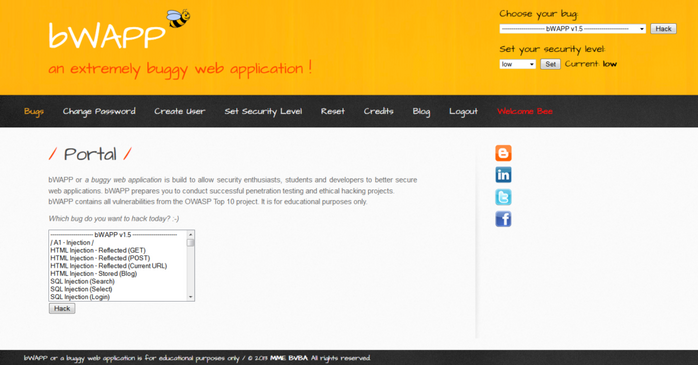 Screenshot of the BWAPP vulnerable web app website