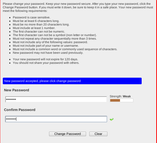 Password rules; Change password Screen shot: Password rules, enter new password, confirm new password, click change password