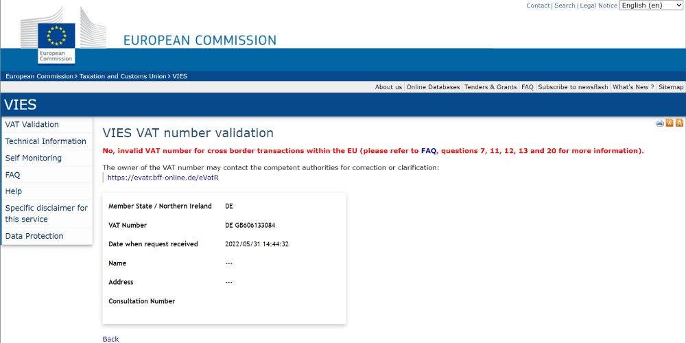 An example of VAT ID verification in VIES