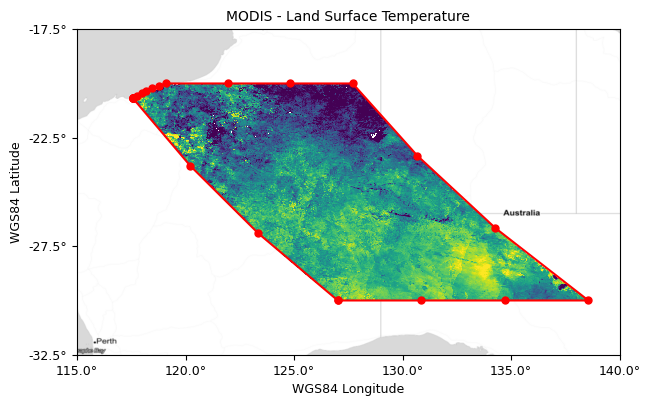 MODIS tile with a footprint densified by a factor of three. This MODUS example demonstrates Land Surface Temperature. A factor of three was used, which places two new points between each existing pair of points.