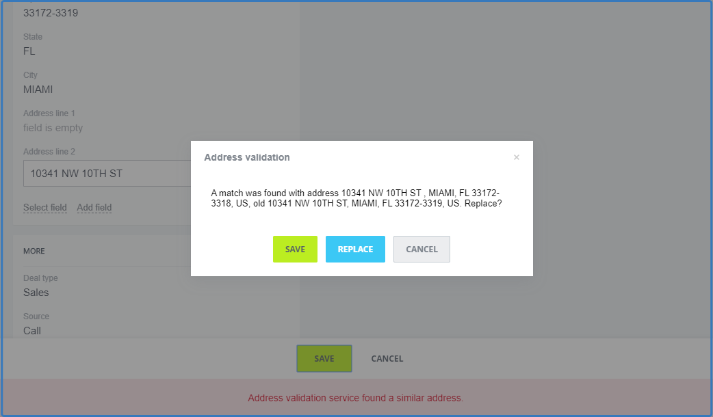 Screenshot of a pop-up notification with incorrect address and a hint of how to fix it