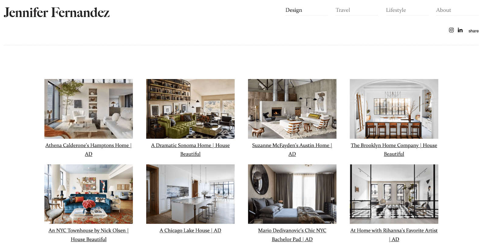 screenshot of Jennifer Fernandex gallery portfolio website with two rows of four images featuring upscale homes