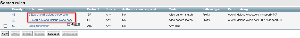 Search rules 
Priority 
Rule name 
Ctlcø-cucml uciouüCiscocom 
CEOAuth-cucmI dcloudciscocom 
LocalZoneMatch 
Protocol 
Source 
Authentication required 
Mode 
Alias pattern match 
Alias pattern match 
Any alias 
Pattern type 
Pattern string 
cucml 
cucml dcloudciscocom:50gI 