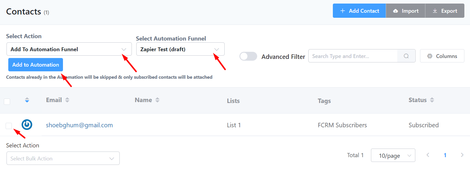manually add contacts to fluentcrm automation