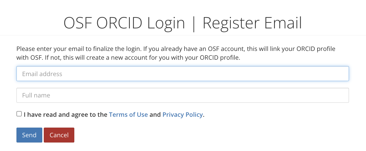 OSF ORCID set up screen