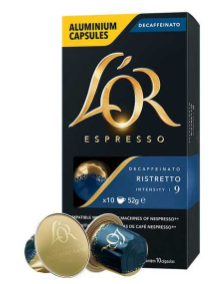 Um dos 23 tipos de café, o Espresso Ristretto Decaffeinato L'or tem embalagem preta e azul