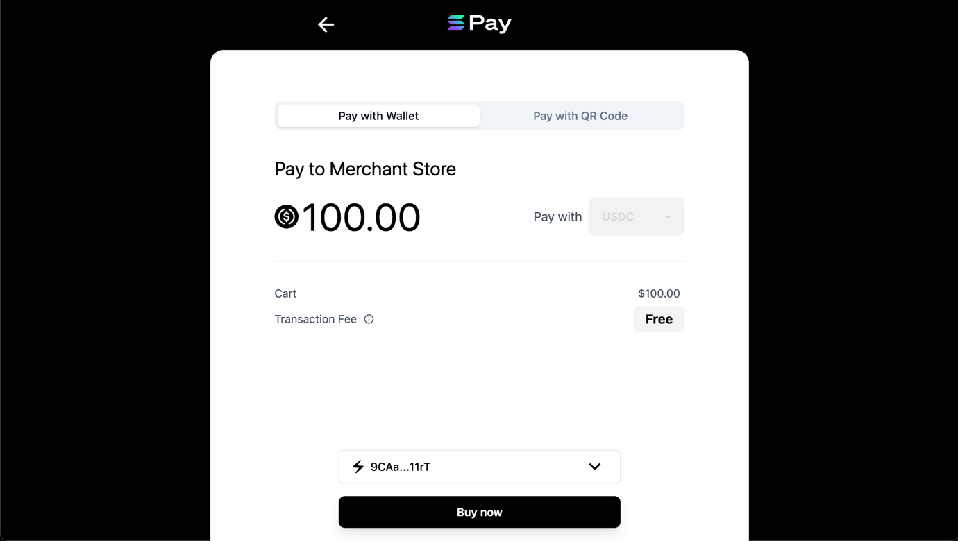 A screenshot of the Solana Pay integration with USDC where a $100 transaction is occuring.
